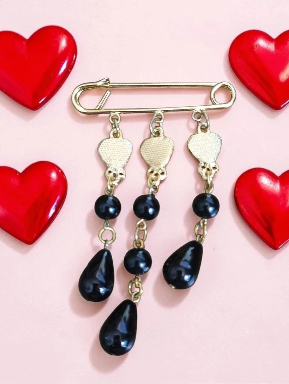 Gold-Tone Safety Pin Brooch with Black Bead Drops